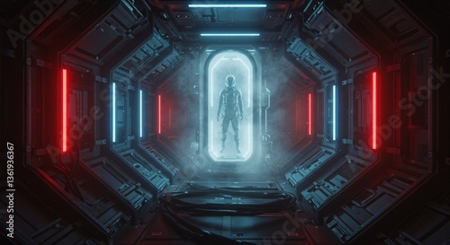 Futuristic cryocapsule with human silhouette in sci-fi corridor. Cryogenic preservation and cloning concept. Suspended animation technology for space travel and medical research
