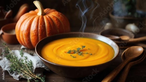 Perfectly blended pumpkin soup served in a rustic bowl with herbs and a pumpkin centerpiece