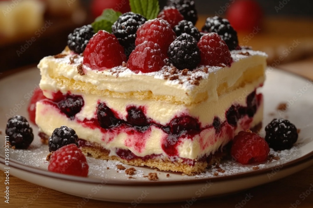 Delicious berry dessert layered with cream and pastry served on a plate in a cozy setting with warm lighting Delicious berry dessert layered with cream and pastry served on a plate in a cozy setting with warm lighting
