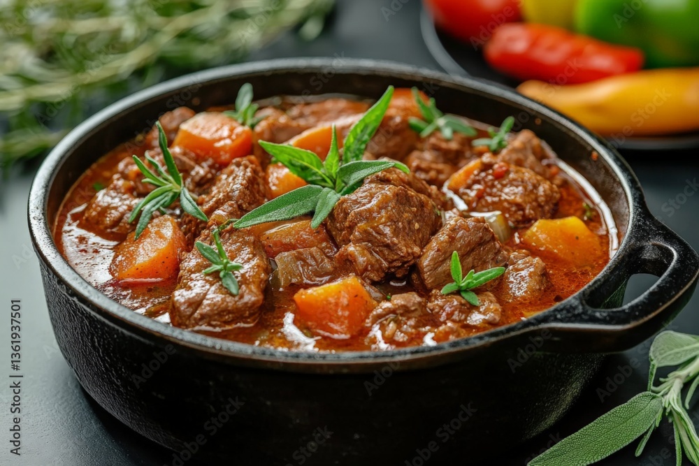Hearty beef stew simmered with vegetables and herbs in a rustic bowl ready for serving Hearty beef stew simmered with vegetables and herbs in a rustic bowl ready for serving