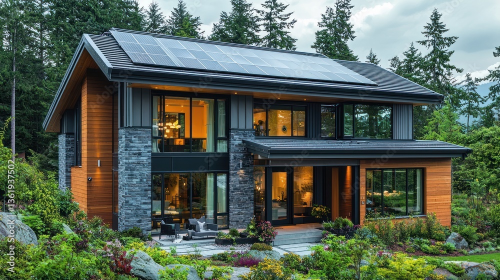 Modern two-story house with solar panels, stone, and wood siding. Modern two-story house with solar panels, stone, and wood siding.