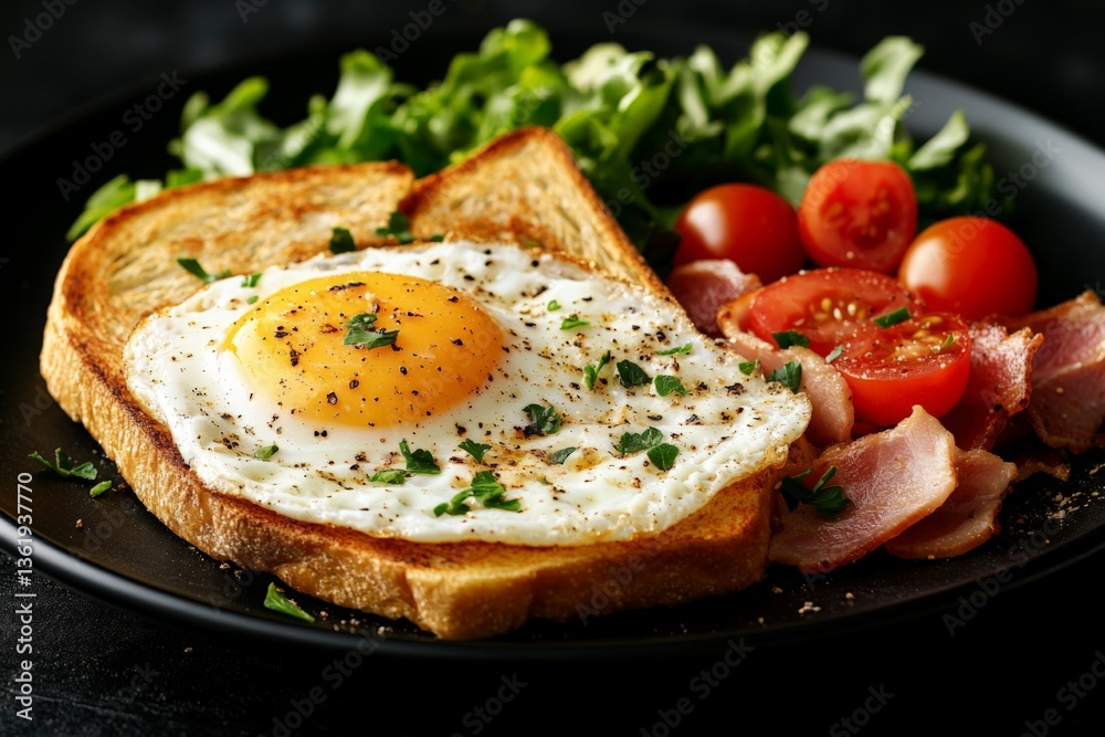 Delicious breakfast plate with sunny-side-up egg, crispy bacon, salad, and fresh tomatoes served on a black plate Delicious breakfast plate with sunny-side-up egg, crispy bacon, salad, and fresh tomatoes served on a black plate