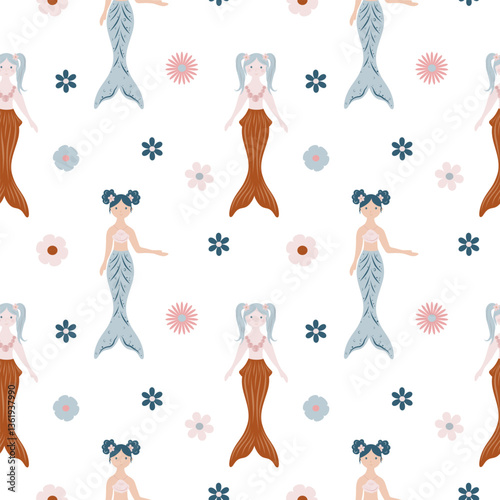 Seamless pattern with mermaids and flowers, fairy tale pattern with princesses, pattern for children cards, designs, invitations 
