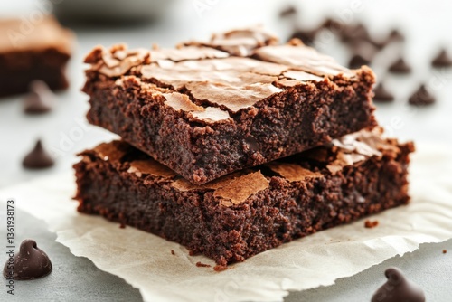 Brownies stacked on parchment paper with chocolate chips scattered around in a cozy kitchen setting
