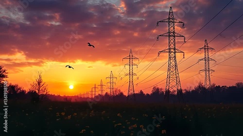 Sunset over a field with power lines and birds flying in the sky