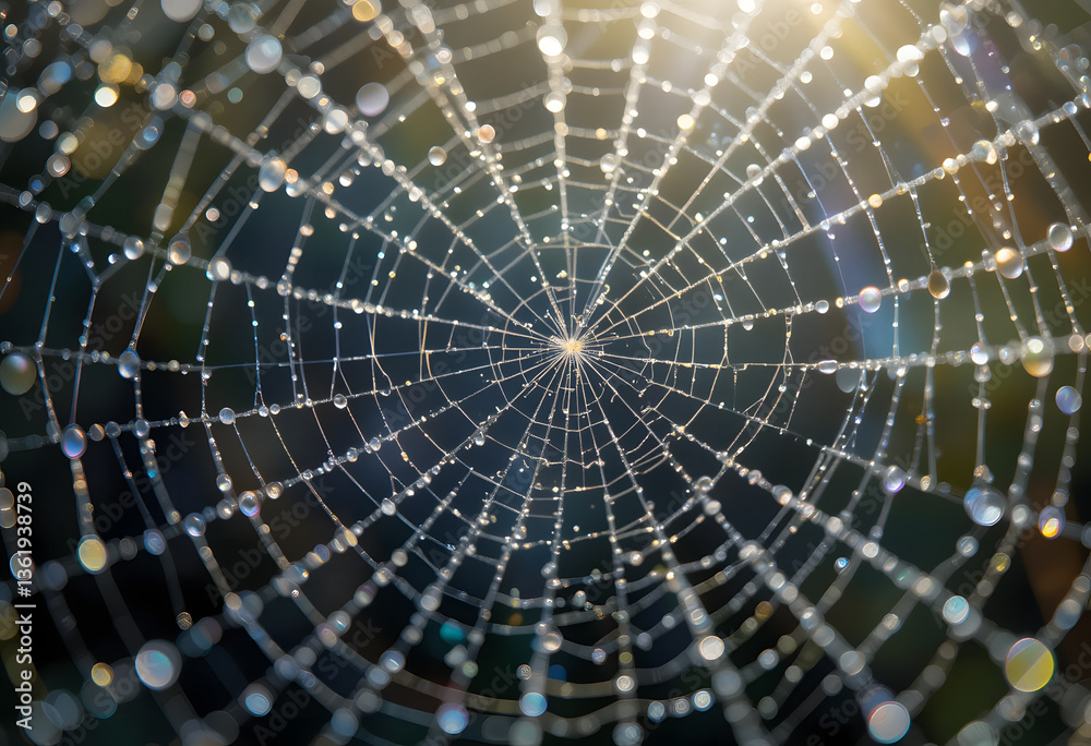Fototapeta premium Raindrops on a Spiderweb with Sunlight Prism Effect