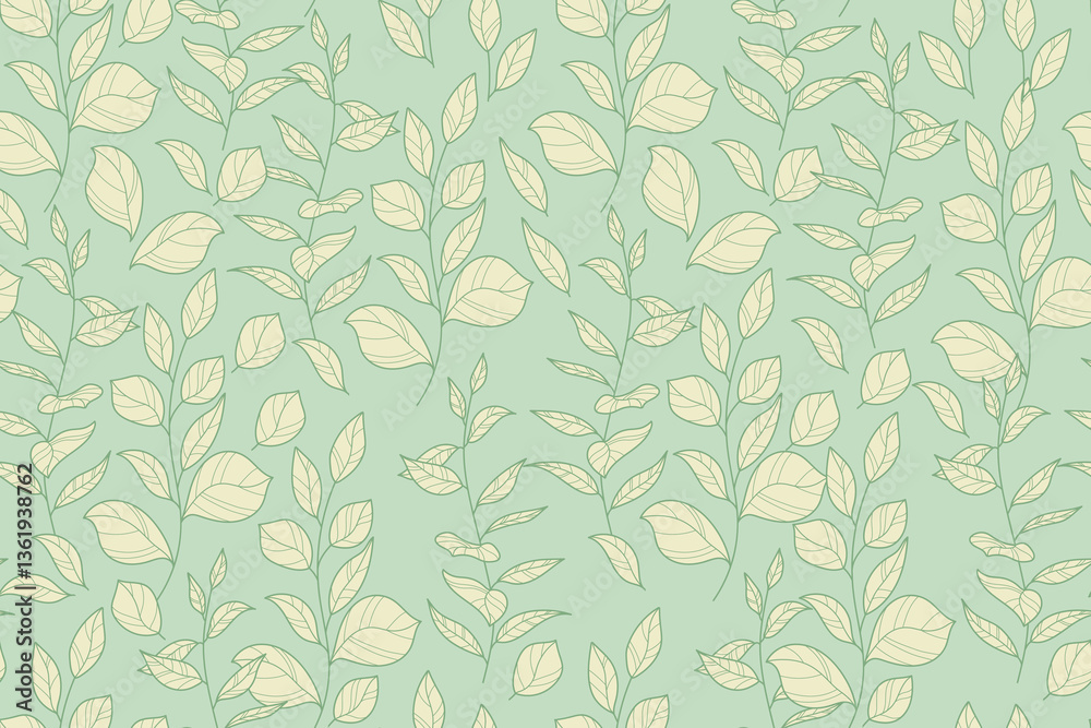 Hand-Drawn Leaf Branches Seamless Pattern with Botanical Line Art on Soft Pastel Green Background. Foliage background with outline leave in minimalist line style. Perfect for vintage wallpaper Hand-Drawn Leaf Branches Seamless Pattern with Botanical Line Art on Soft Pastel Green Background. Foliage background with outline leave in minimalist line style. Perfect for vintage wallpaper
