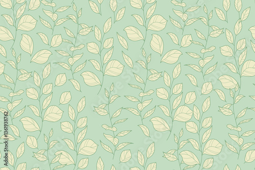 Hand-Drawn Leaf Branches Seamless Pattern with Botanical Line Art on Soft Pastel Green Background. Foliage background with outline leave in minimalist line style. Perfect for vintage wallpaper