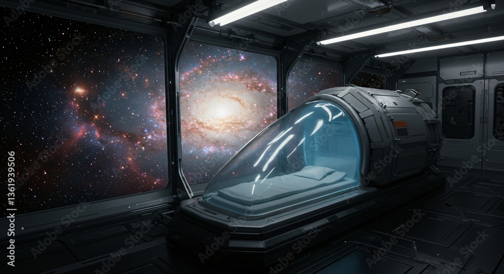 Obraz premium Futuristic cryocapsule in space station with view of galaxy. Cryogenic sleep pod for interstellar travel. Science fiction concept of human hibernation and space exploration