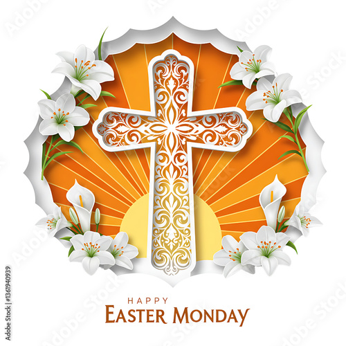 Happy easter monday cross lilies religious celebration christianity background art