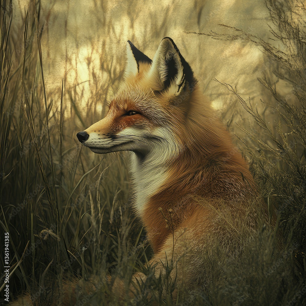 Fototapeta premium Serene Red Fox in Golden Hour Meadow