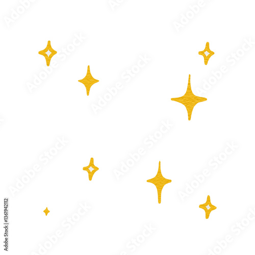 Hand-drawn golden sparkles in a scattered pattern, illustrated in a simple and clean watercolor style on white background.