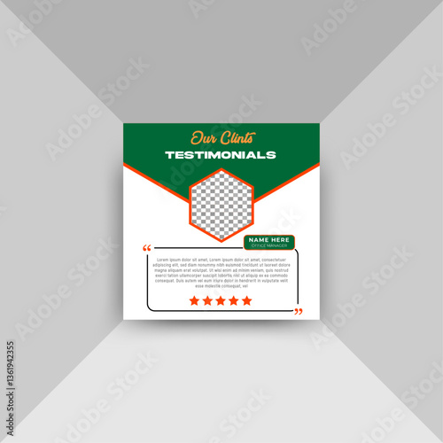 A modern and professional client testimonial template featuring a hexagonal profile image, bold typography, and a structured review layout. The design uses a green, orange, and white color scheme, wit