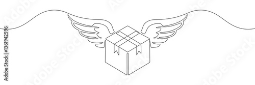 Minimalist continuous line drawing of a package with wings, symbolizing fast delivery, express shipping, and modern logistics services