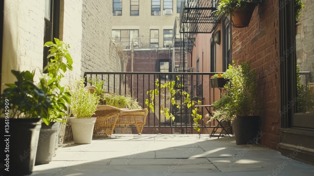Fototapeta premium Urban Oasis: Sun-Drenched Balcony Garden in NYC