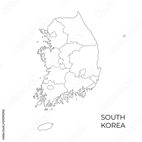 Simple black and white outline map of South Korea, displaying its provincial divisions. Ideal for geography education, cartography, and study materials