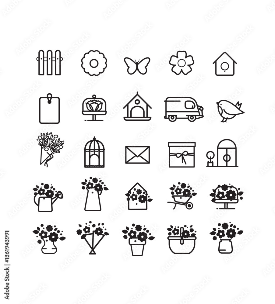 collections de symboles pour le jardinier,  fleuriste, créateur floral, herboriste, floriculteur ou floraliste, naturaliste, botaniste. Modèles vectoriels modifiables et ajustables.