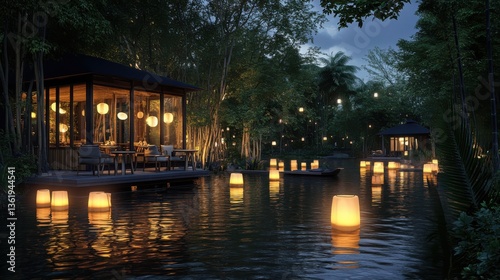 Serene night scene of illuminated lanterns on water near a cozy dining area