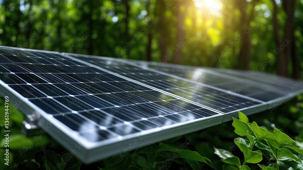 Fototapeta premium Solar panels nestled in lush forest setting. Sunlight streams through the trees, illuminating the panels