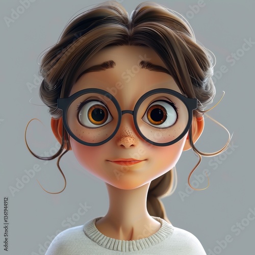Character design of a young girl with glasses showcasing an expressive face and soft features in a neutral background