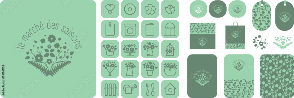 Charte graphique pour boutique de fleurs et fleuriste, créateur floral, herboriste, floriculteur ou floraliste. Modèles vectoriels modifiables et ajustables pour une personnalisation complète