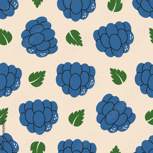 Blackberry seamless pattern. Cartoon black bramble berries with green leaves, organic forest fruit healthy food concept. Vector blackberries texture