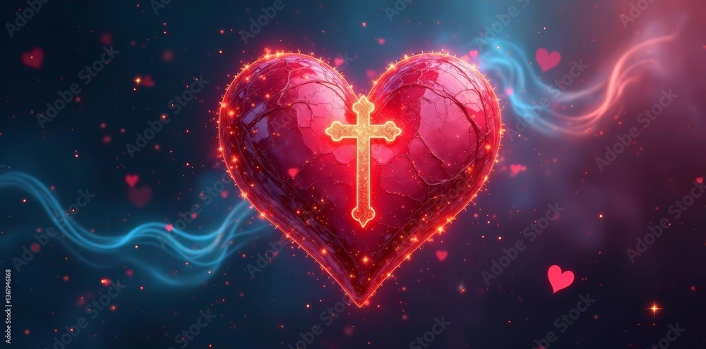 Abstract image of a heart intertwined with religious symbols, spirituality, religion Abstract image of a heart intertwined with religious symbols, spirituality, religion