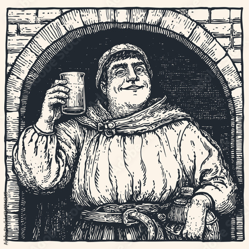 Vector illustration in medieval woodcut style showing a cheerful monk raising a mug of monastery brew. Black and white engraving features detailed stonework arch, traditional monk's robe