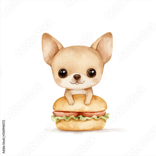 Chihuahua and Burger: A charming chihuahua perches atop a mouthwatering burger, its big eyes reflecting the joy of this unexpected combination. A playful.