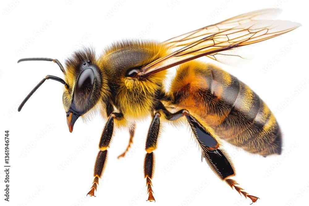 Honeybee close-up showcasing intricate details of body and wings during daylight hours Honeybee close-up showcasing intricate details of body and wings during daylight hours