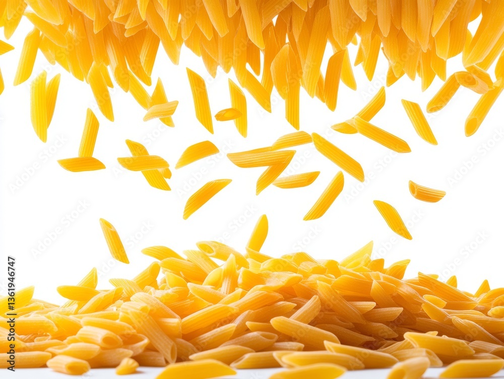 Fototapeta premium Against a pure white background, fresh Italian penne pasta dances and falls, creating natural shadows and a depth of field in the photo