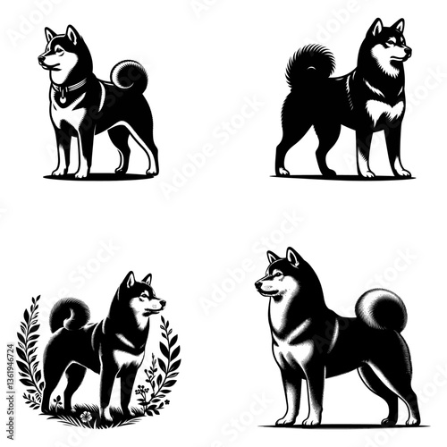 Shiba inu dog silhouette set
