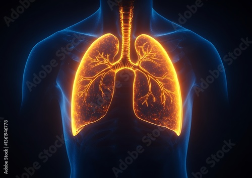 Glowing depiction of human lungs shown inside of a torso