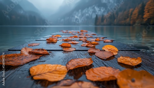 Wooden pier covered in fallen leaves leading into a serene lake