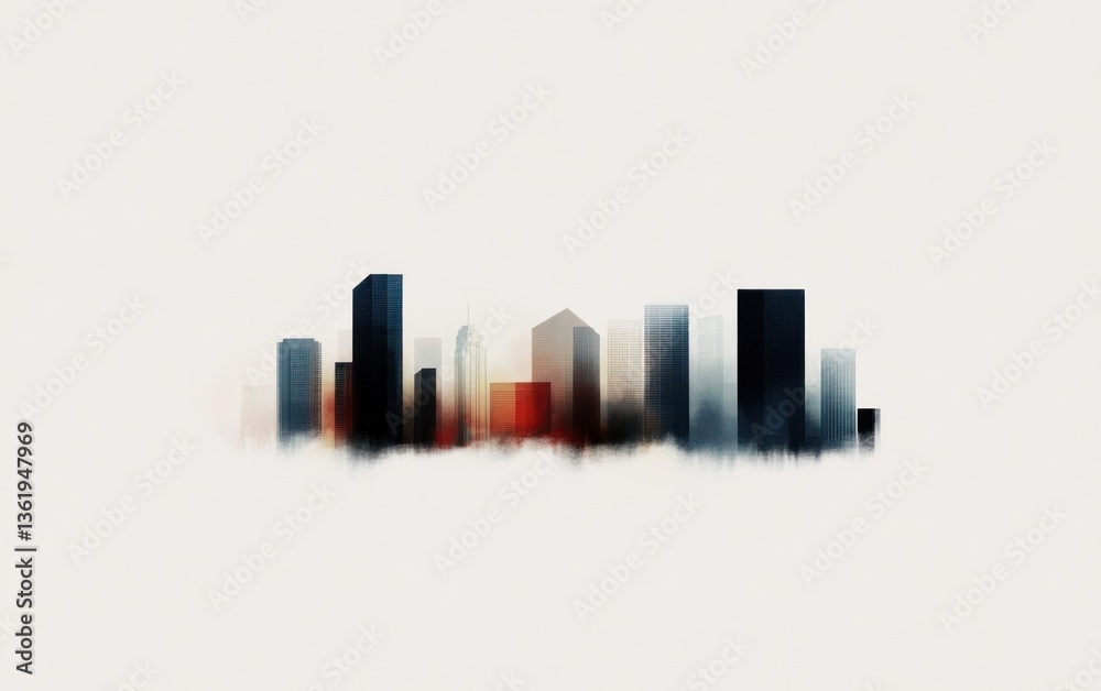 Naklejka premium Stylized cityscape illustration, minimalist design, soft watercolor effect, muted color palette, buildings in shades of gray, black, and red against a light background. Evokes a calm, serene mood