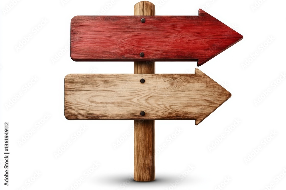 Wooden directional sign with two arrows pointing in opposite directions set against a clean background Wooden directional sign with two arrows pointing in opposite directions set against a clean background