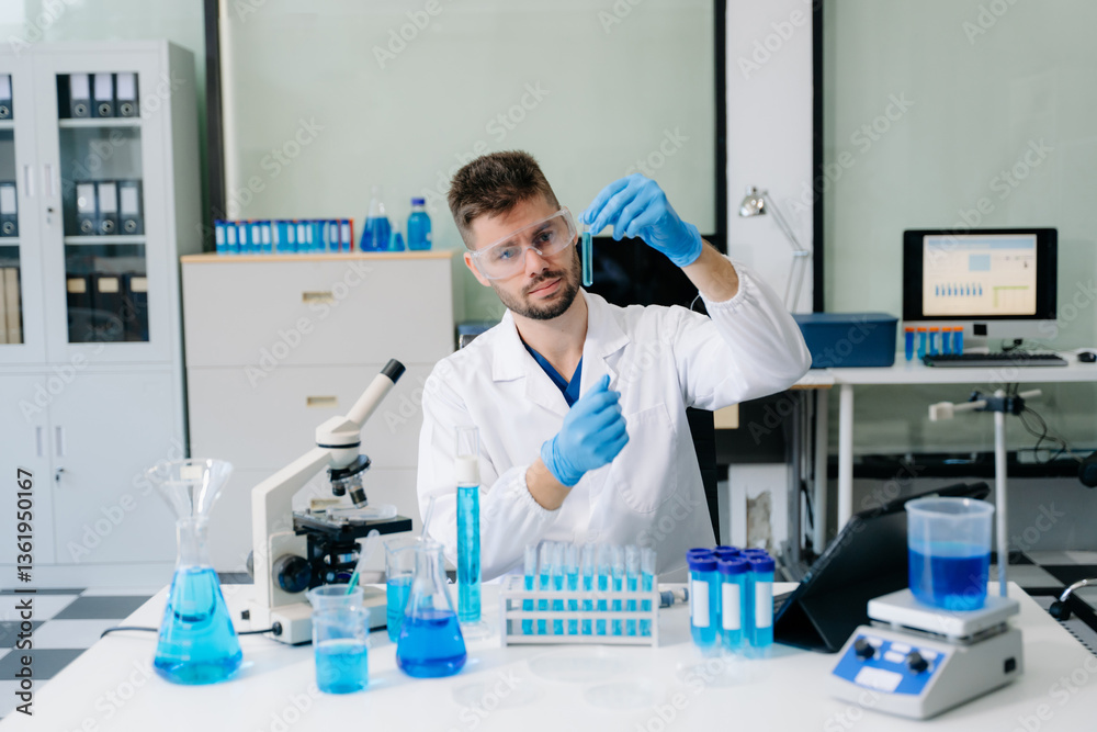 Naklejka premium male scientist working with micro pipettes analyzing biochemical samples, advanced science
