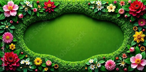 Green Flower Bed Template with various blooming flowers, arranged in a symmetrical layout with winding pathways and shrubs,  garden planning,  aerial perspective