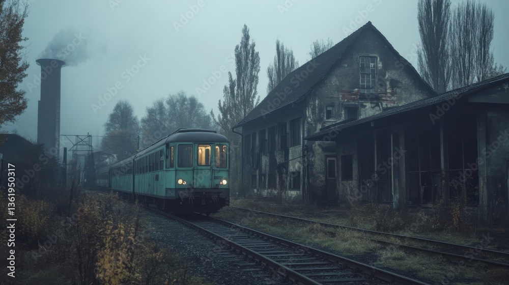Old Train Passing Abandoned Steelworks Plant Old Train Passing Abandoned Steelworks Plant