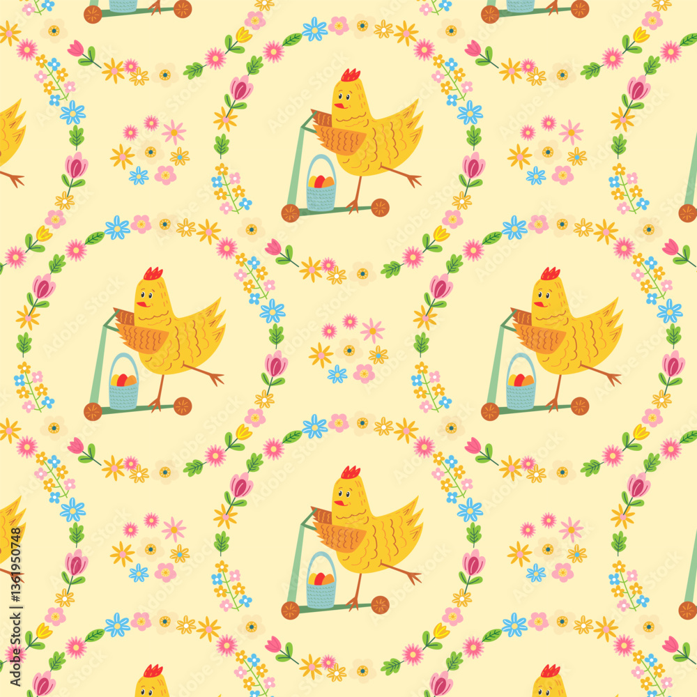 Naklejka premium Happy Easter seamless pattern, vector illustration featuring cute hen with floral wreaths and spring elements for festive wrapping paper, textiles, and children's designs