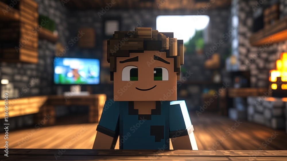 Obraz premium Happy Character in Blocky Room Design with Cozy Interior Setting