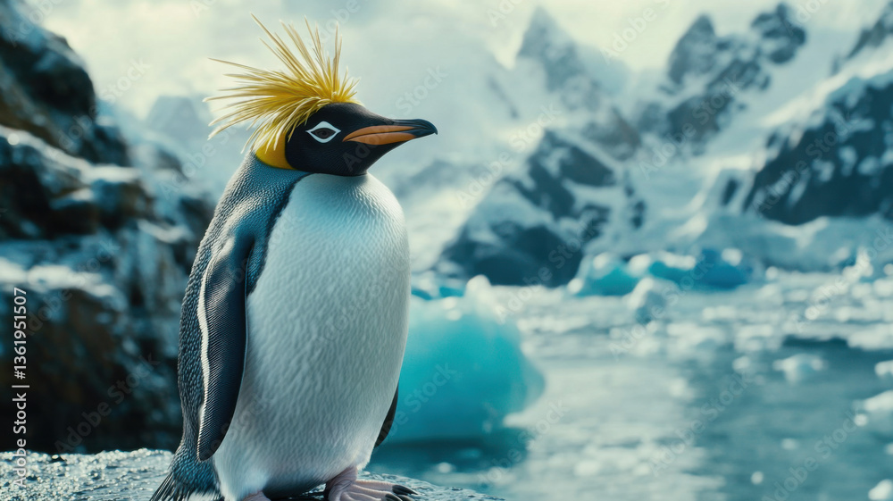Obraz premium A macaroni penguin with vibrant yellow tufts stands on a drifting ice floe in the Antarctic, its black-and-white plumage contrasting with the icy blue landscape and distant glaciers.