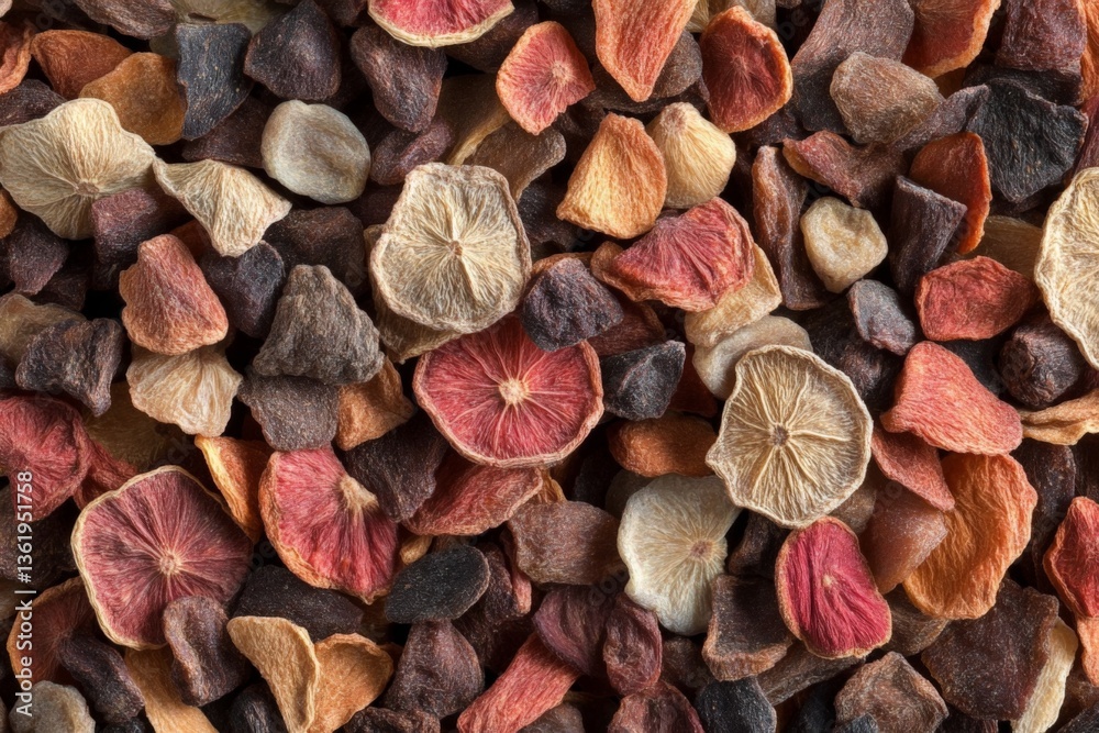 Colorful dried flower petals and seeds arranged in a textured pattern on a neutral background Colorful dried flower petals and seeds arranged in a textured pattern on a neutral background