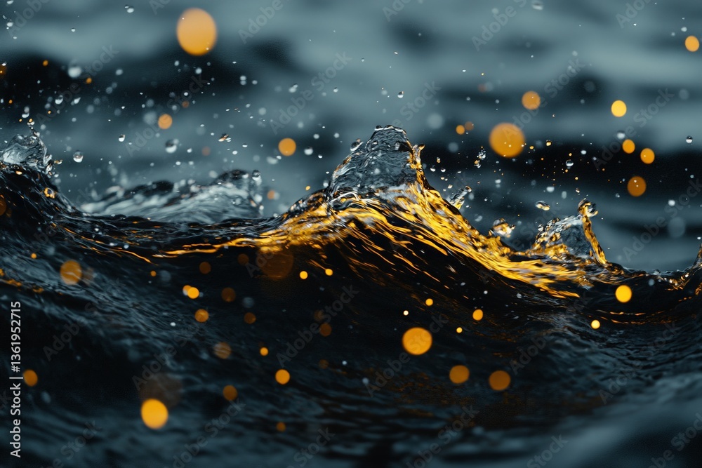 Fototapeta premium Water droplets create dynamic splashes on the surface reflecting golden light in a serene lake during dusk