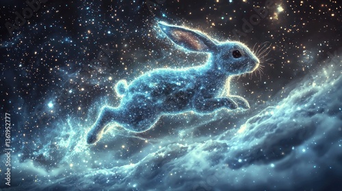Mystical Rabbit Leaping Through a Starry Cosmic Universe