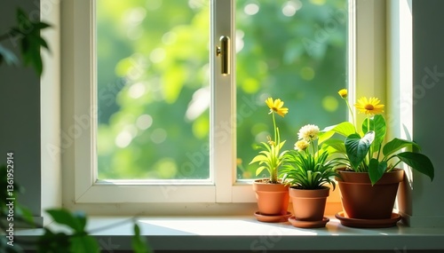 Green flowers blooming in pots on a sunny window sill, casting shadows against the glass,  plant,  window