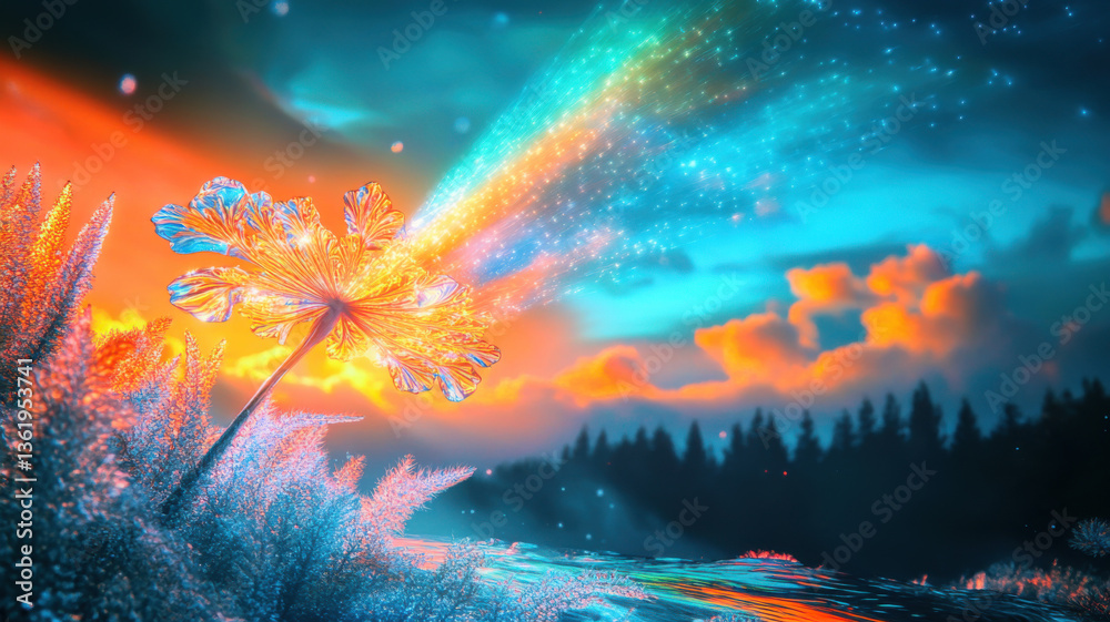 Obraz premium A dandelion of stained glass petals, its glass seeds floating skyward, refracting light into rainbows against a watercolor sky with a magical glow.