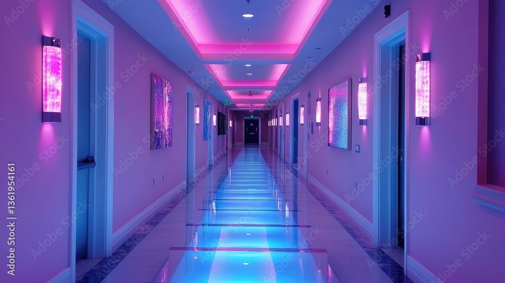 Neon-Lit Hallway: A Symphony of Pink and Blue