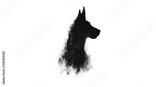 Black dog silhouette, paint splatter effect.