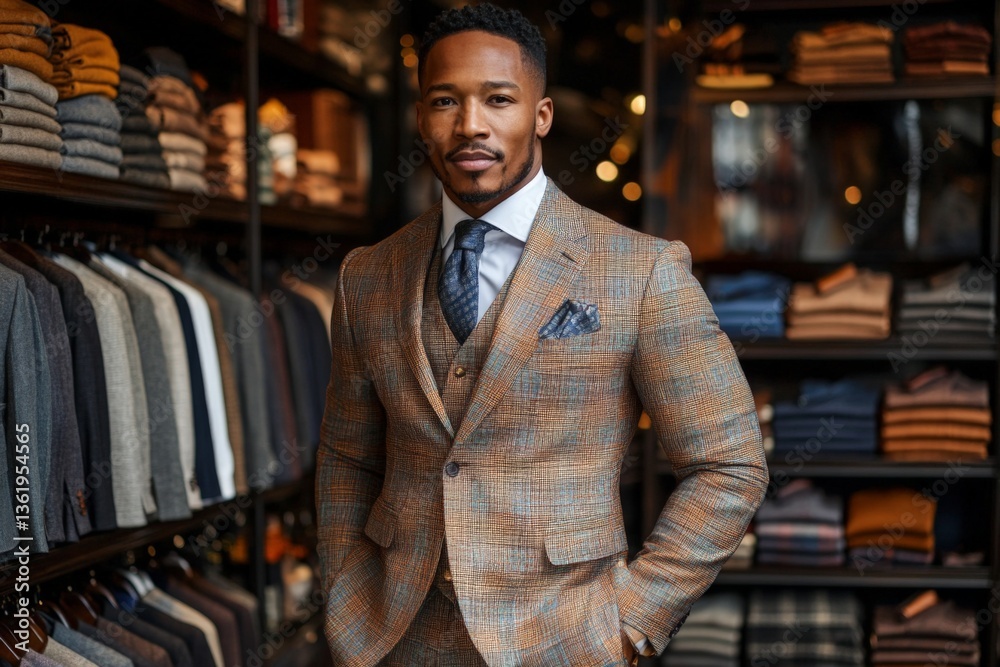 Fototapeta premium Stylish man in a tailored suit poses confidently in a trendy clothing store showcasing modern menswear